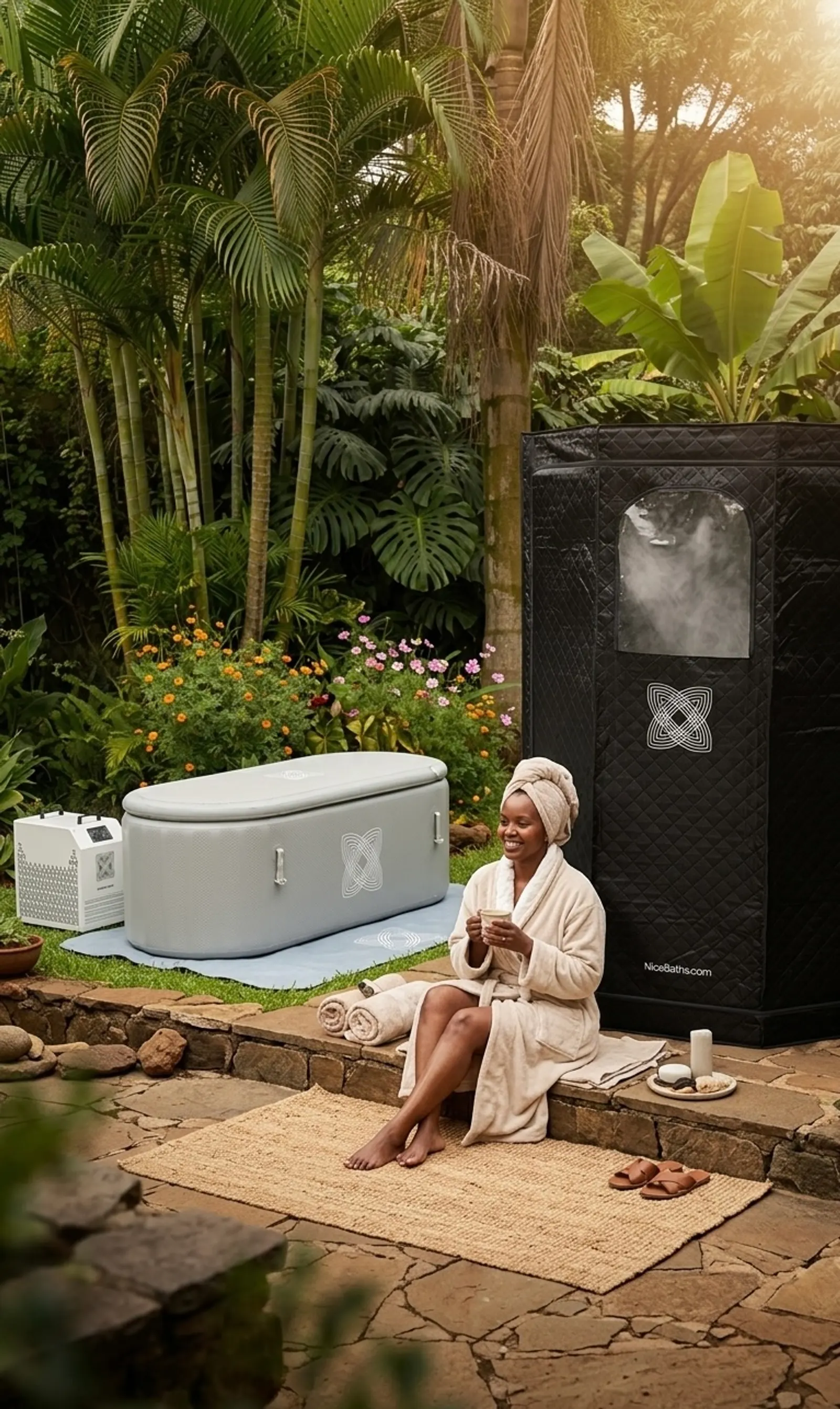 Woman in robe enjoying a portable ice bath and steam sauna setup in a lush Kenyan garden – NiceBaths Kenya