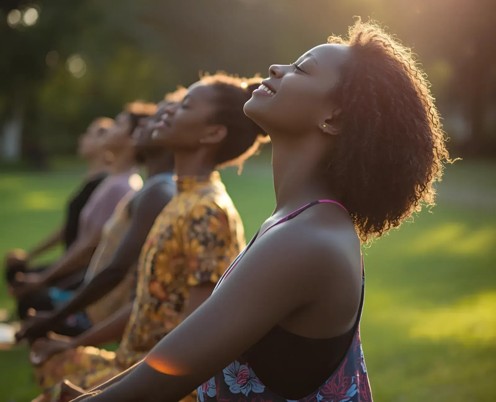 Women practicing guided breathwork at a NiceBaths workshop in golden evening light